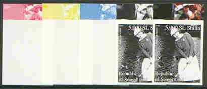 Somaliland 2000 Betty Jameson (From Women Golfers sheetlet) the set of 5 imperf progressive proofs comprising the four individual colours plus all 4-colour composite (Main design is B & W so colour separations apply to margin only), stamps on women, stamps on golf, stamps on sport