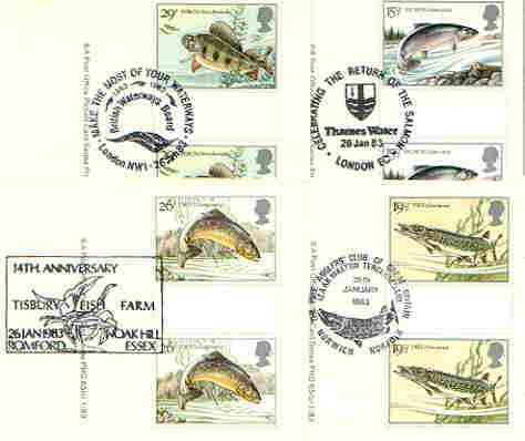 Great Britain 1983 British River Fishes set of 4 PHQ cards with appropriate gutter pairs each very fine used with first day cancels, stamps on fish