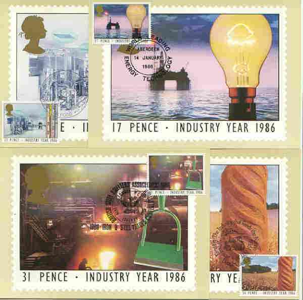Great Britain 1986 Industry Year set of 4 PHQ cards with appropriate stamps each very fine used with first day cancels, stamps on industry, stamps on  oil , stamps on agriculture, stamps on health, stamps on energy, stamps on bread, stamps on food.medical