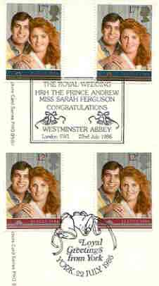 Great Britain 1986 Royal Wedding set of 2 PHQ cards with appropriate gutter pairs each very fine used with first day cancels, stamps on royalty, stamps on andrew & fergie