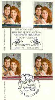 Great Britain 1986 Royal Wedding set of 2 PHQ cards with appropriate gutter pairs each very fine used with first day cancels, stamps on , stamps on  stamps on royalty, stamps on andrew & fergie