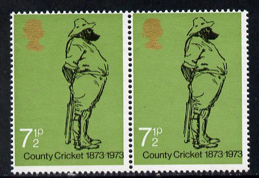 Great Britain 1973 County Cricket 7.5p (W G Grace) unmounted mint horiz pair with embossing shifted to left 6mm (falling in margin between stamps) also shows slight shift of black, stamps on , stamps on  stamps on cricket     sport      bowls