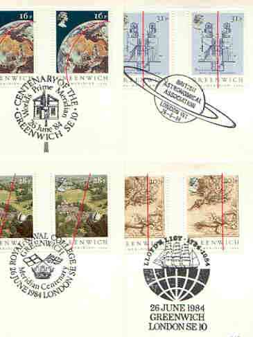 Great Britain 1984 Greenwich Meridian set of 4 PHQ cards with appropriate gutter pairs each very fine used with first day cancels, stamps on , stamps on  stamps on geography, stamps on maps, stamps on telescope, stamps on  stamps on navigation