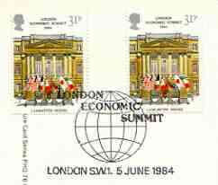 Great Britain 1984 London Economic Summit PHQ card with appropriate gutter pairs each very fine used with first day cancels, stamps on , stamps on  stamps on flags, stamps on constitutions, stamps on banking:economics