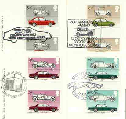Great Britain 1982 British Motor Cars set of 4 PHQ cards with appropriate gutter pairs each very fine used with first day cancels, stamps on cars, stamps on austin, stamps on ford, stamps on jaguar, stamps on rolls royce