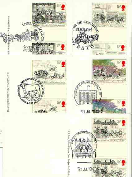 Great Britain 1984 First Mail Coach Run set of 5 PHQ cards with appropriate gutter pairs each very fine used with first day cancels, stamps on postal, stamps on mail coaches, stamps on slania