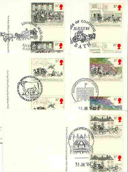 Great Britain 1984 First Mail Coach Run set of 5 PHQ cards with appropriate gutter pairs each very fine used with first day cancels, stamps on , stamps on  stamps on postal, stamps on mail coaches, stamps on  stamps on slania