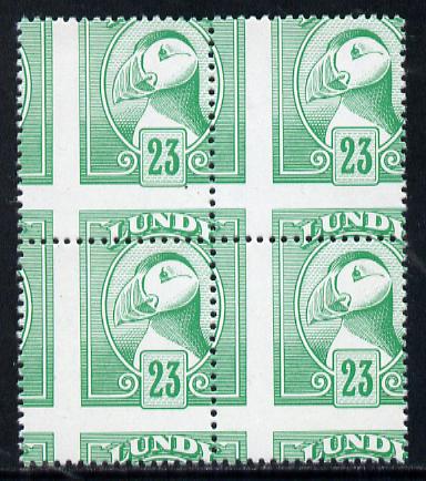 Lundy 1982 Puffin def 23p pale green with superb misplacement of horiz and vert perfs unmounted mint block of 4, stamps on , stamps on  stamps on birds, stamps on  stamps on lundy, stamps on  stamps on puffins
