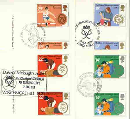 Great Britain 1981 Duke of Edinburgh Award Scheme set of 4 PHQ cards with appropriate gutter pairs each very fine used with first day cancels, stamps on education, stamps on royalty, stamps on youth, stamps on pottery, stamps on medical, stamps on first aid, stamps on mountaineering, stamps on hurdles