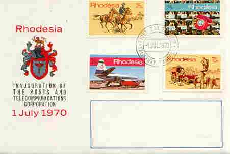 Rhodesia 1970 Inauguration of Posts & Telecommunications Corp set of 4 on illustrated cover with first day cancel, SG 453-56, stamps on , stamps on  stamps on communications, stamps on  stamps on postman, stamps on  stamps on horses, stamps on  stamps on telephone, stamps on  stamps on aviation