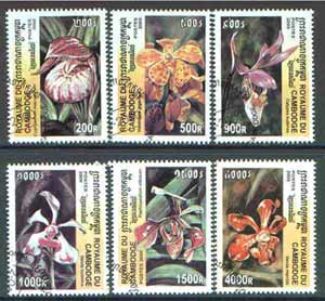 Cambodia 2000 Orchids complete perf set of 6 values cto used, stamps on , stamps on  stamps on flowers, stamps on orchids