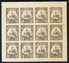 German Cols 1900 Yacht imperf forgery pane of 12 for various Colonies printed se-tenant in brown on gummed paper (3pfg, 1c, 2p & 2.5h), stamps on , stamps on  stamps on ships  yachting    sailing