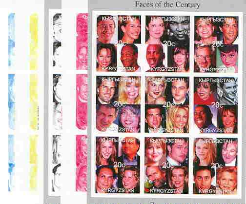 Kyrgyzstan 1999 Faces of the 20th Century Culture sheetlet containing complete set of 9 values (Sinatra, Bill Gates, M Ali, etc) the set of 5 imperf progressive proofs comprising the 4 individual colours plus all 4-colour composite, stamps on , stamps on  stamps on personalities, stamps on entertainments, stamps on films, stamps on cinema, stamps on sinatra, stamps on boxing, stamps on computers, stamps on millennium, stamps on judaica, stamps on  stamps on bridge (card game), stamps on  stamps on islam