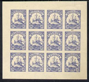 German Cols 1900 Yacht imperf forgery pane of 12 for various Colonies printed se-tenant in blue on gummed paper (20pfg, 10c, 10p & 15h), stamps on , stamps on  stamps on ships  yachting      sailing