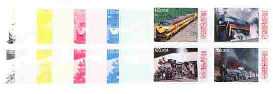Turkmenistan 1999 Trains sheetlet containing set of 4 values, the set of 5 imperf progressive proofs comprising various colour combinations plus all 5-colour composite, stamps on railways