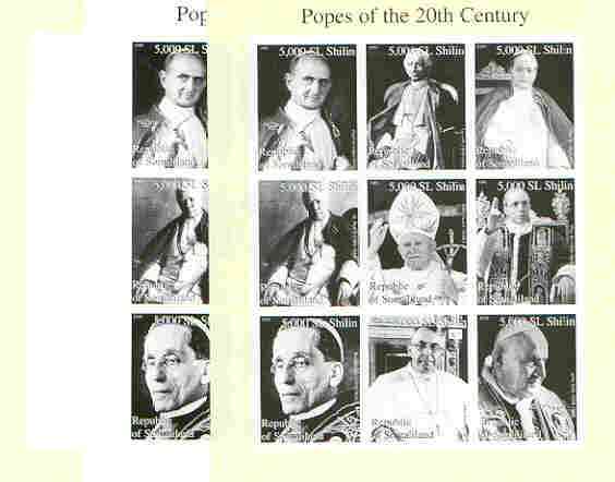 Somaliland 1999 Popes of the 20th Century Culture sheetlet containing set of 9 values, the set of 3 imperf progressive proofs comprising yellow (frame), black (portraits) plus both colours (as issued), stamps on religion, stamps on popes, stamps on millennium, stamps on pope