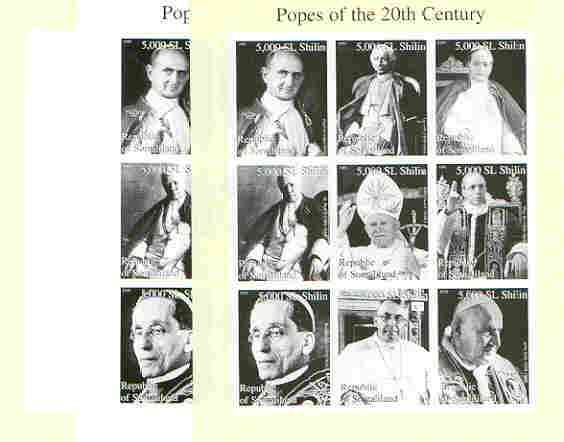 Somaliland 1999 Popes of the 20th Century Culture sheetlet containing set of 9 values, the set of 3 imperf progressive proofs comprising yellow (frame), black (portraits)..., stamps on religion, stamps on popes, stamps on millennium, stamps on pope