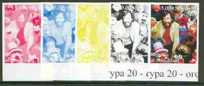 Somaliland 1999 Jim Henson & Muppets (from20th Century Culture sheetlet) the set of 5 imperf progressive proofs comprising the 4 individual colours plus all 4-colour composite , stamps on personalities, stamps on entertainments, stamps on films, stamps on cinema