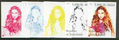 Somaliland 1999 Madonna (from 20th Century Culture sheetlet) the set of 5 imperf progressive proofs comprising the 4 individual colours plus all 4-colour composite , stamps on , stamps on  stamps on personalities, stamps on entertainments, stamps on films, stamps on cinema, stamps on music, stamps on pop