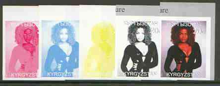 Kyrgyzstan 1999 Janet Jackson from 20th Century Culture (Famous People) the set of 5 imperf progressive proofs comprising the 4 individual colours plus all 4-colour compo..., stamps on personalities, stamps on entertainments, stamps on music, stamps on pop, stamps on millennium