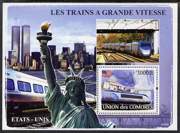 Comoro Islands 2009 American Railways perf s/sheet unmounted mint, Michel BL441, stamps on , stamps on  stamps on railways, stamps on  stamps on flags, stamps on  stamps on statue of liberty, stamps on  stamps on constitutions