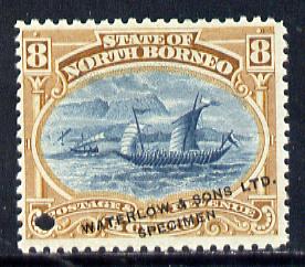 North Borneo 1894 Malay Dhow Printers sample of 8c (as SG 74) in blue & brown opt'd 'Waterlow & Sons Specimen' with small security punch hole unmounted mint, stamps on , stamps on  stamps on ships, stamps on  stamps on  qv , stamps on  stamps on 