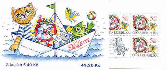 Czech Republic 2000 For Children 43k20 booklet (containing 8 x 5k40 stamps showing Clock & Bird plus 2 labels showing Toys), stamps on , stamps on  stamps on children, stamps on toys, stamps on clocks, stamps on dolls, stamps on teddy bears