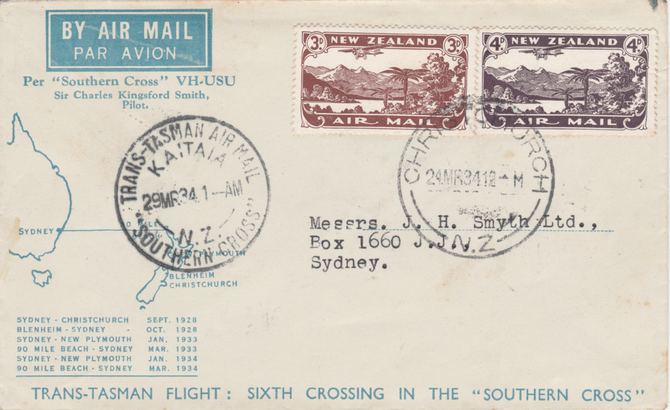 New Zealand 1934 Southern Cross 6th Flight cover NZ to Sydney with Kaitaia postmark No.1, stamps on , stamps on  stamps on new zealand 1934 southern cross 6th flight cover nz to sydney with kaitaia postmark no.1