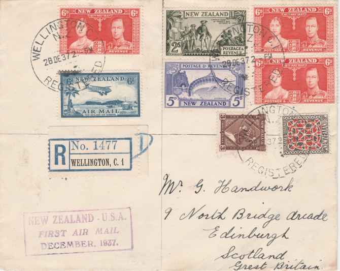 New Zealand 1937 overpaid registered cover Wellington to Scotland with 5s5d paid but 4s6d plus 4d registration was the correct fee. Purple cachet rarely seen on registered covers, stamps on , stamps on  stamps on new zealand 1937 overpaid registered cover wellington to scotland with 5s5d paid but 4s6d plus 4d registration was the correct fee. purple cachet rarely seen on registered covers