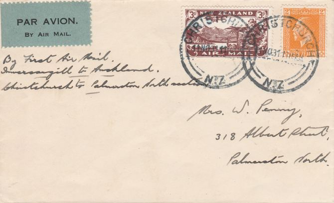 New Zealand 1931 First flight cover Christchurch to Palmerston with triangular authenticating handstamp on reverse - Only 59 items were carried on this flight, stamps on , stamps on  stamps on new zealand 1931 first flight cover christchurch to palmerston with triangular authenticating handstamp on reverse - only 59 items were carried on this flight