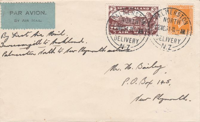 New Zealand 1931 First Flight cover Palmerston North to New Plymouth with triangular authenticating handstamp on reverse. Only 52 items carried on this flight., stamps on 