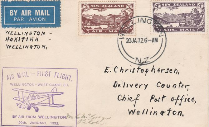 New Zealand 1932 First Flight cover Wellington to Hokitika and return with special cachet in violet and one on reverse in green for the return flight. Signed back & front by the pilot (McGregor) . Quantity of items carried in both directions is not recorded, stamps on , stamps on  stamps on new zealand 1932 first flight cover wellington to hokitika and return with special cachet in violet and one on reverse in green for the return flight. signed back & front by the pilot (mcgregor) . quantity of items carried in both directions is not recorded