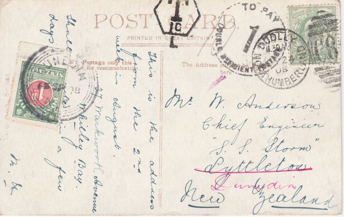 New Zealand 1908 picture postcard from Dudley (showing Electric train West Jesmond Station) bearing GB 1/2d sta,p attractinghexagonal T, 1d To pay and NZ 1d postage due, ..., stamps on 