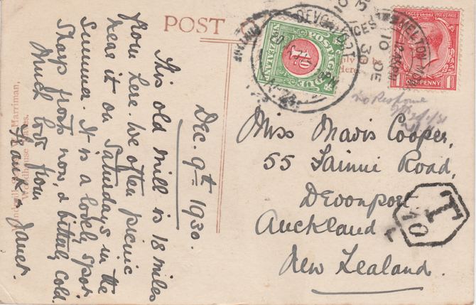 New Zealand 1930 picture postcard (Windmill) from Melton Mowbray to Auckland bearing KG5 1d with Hexagonal T10 and 1d postage due, mainly fine condition, stamps on , stamps on  stamps on new zealand 1930 picture postcard (windmill) from melton mowbray to auckland bearing kg5 1d with hexagonal t10 and 1d postage due, stamps on  stamps on  mainly fine condition