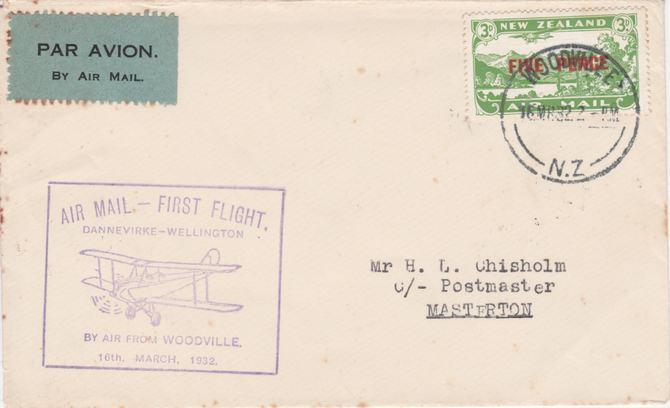 New Zealand 1932 First flight cover  Woodville to Masterton with special cachet in violet. Only 217 items carried on this flight., stamps on 