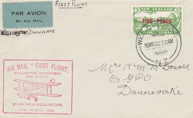 New Zealand 1932 Survey Airmail  flight cover Wellington to Dannewirke with special cachet in red - Only 867 items were carried on this flight, stamps on 