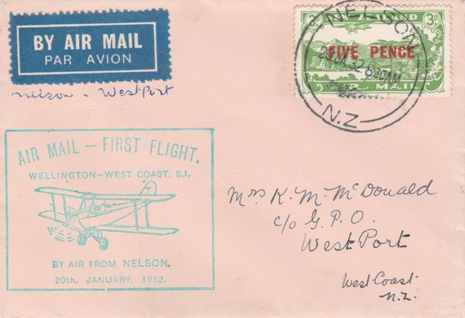 New Zealand 1932 First flight cover Nelson to Westport with special cachet in green. Only 447 items carried on this flight., stamps on 