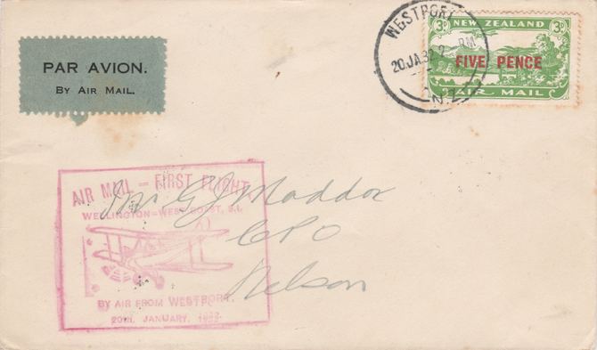 New Zealand 1932 First flight cover Westport to Nelson with special cachet in red. Only 484 items carried on this flight., stamps on 