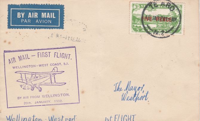 New Zealand 1932 First flight cover Wellington to Westport with special cachet in violet. Only 736 items carried on this flight., stamps on , stamps on  stamps on new zealand 1932 first flight cover wellington to westport with special cachet in violet. only 736 items carried on this flight.