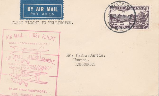 New Zealand 1932 First flight cover Westport to Wellington with special cachet in red (struck twice). Only 813 items carried on this flight., stamps on , stamps on  stamps on new zealand 1932 first flight cover westport to wellington with special cachet in red (struck twice). only 813 items carried on this flight.