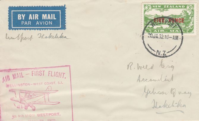 New Zealand 1932 First Flight cover Westport to Hokitika with special cachet in red and triangular authenticating handstamp on reverse - Only 441 items were carried on th..., stamps on 