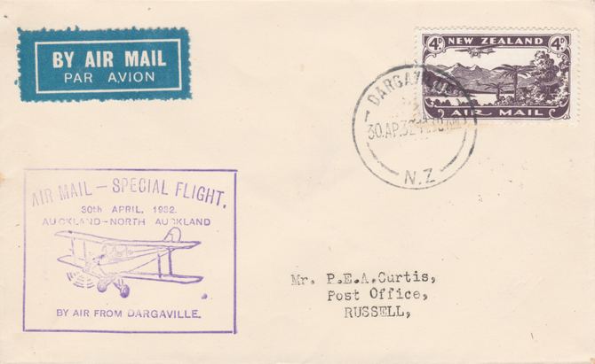 New Zealand 1932 Special Flight cover Dargaville to Russell with special cachet in violet - Only 562 items were carried on this flight, stamps on , stamps on  stamps on new zealand 1932 special flight cover dargaville to russell with special cachet in violet - only 562 items were carried on this flight
