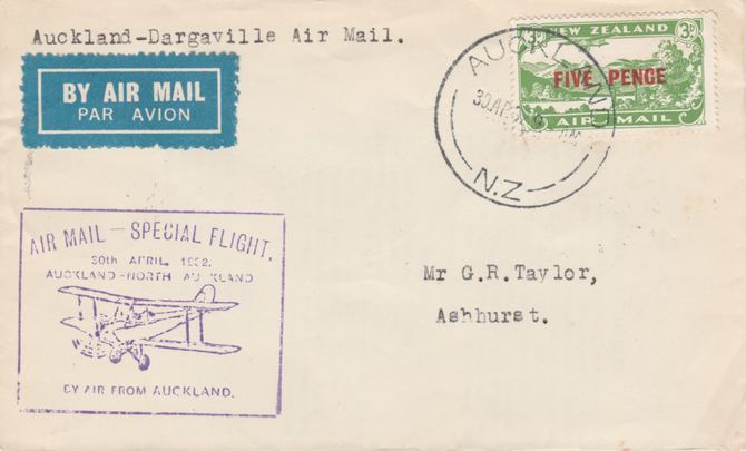New Zealand 1932 Special Flight cover Auckland to Dargaville with special cachet in violet - Only 468 items were carried on this flight, stamps on 