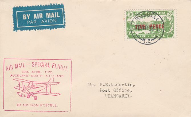 New Zealand 1932 Special Flight cover Russell to Whangarei with special cachet in red - Only 517 items were carried on this flight, stamps on 