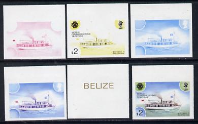 Belize 1983 World Communications $2 MV Heron Mail Ship x 6 imperf progressive proofs comprising various individual or composite colours unmounted mint, stamps on communications  ships