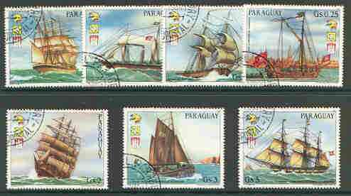 Paraguay 1984 UPU Stamp Exhibition (1st issue - Sailing Ships) set of 7 very fine cto used, stamps on upu, stamps on stamp exhibitions, stamps on ships, stamps on  upu , stamps on 
