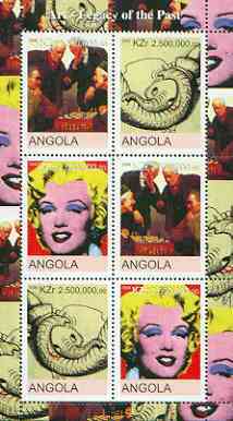 Angola 2000 Art Legacy of the Past perf sheetlet containing 6 values (Chess x 2, Marilyn x 2 & Jumbo x 2) unmounted mint, stamps on personalities, stamps on elephants, stamps on marilyn monroe, stamps on chess