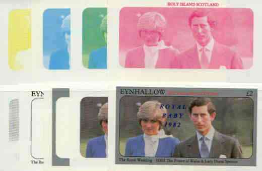 Eynhallow 1982 Royal Baby opt on Royal Wedding \A32 deluxe sheet (Charles & Di) the set of 9 imperf progressive proofs comprising the 5 individual colours plus 2, 3, 4 & all 5-colour composites unmounted mint, stamps on charles, stamps on diana, stamps on royalty, stamps on william