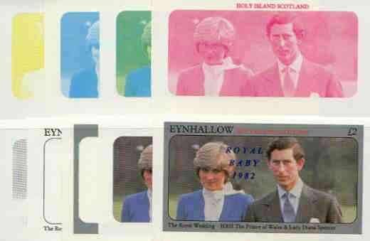 Eynhallow 1982 Royal Baby opt on Royal Wedding \A32 deluxe sheet (Charles & Di) the set of 9 imperf progressive proofs comprising the 5 individual colours plus 2, 3, 4 & ..., stamps on charles, stamps on diana, stamps on royalty, stamps on william