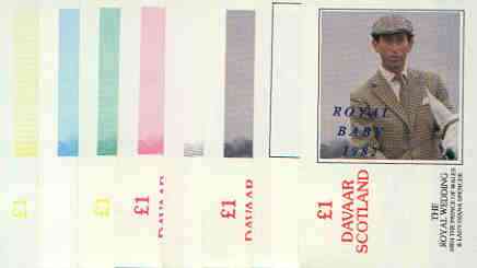 Davaar Island 1982 Royal Baby opt on Royal Wedding \A31 souvenir sheet (Charles), the set of 8 imperf progressive proofs comprising the individual colours plus various colour combinations unmounted mint, stamps on charles, stamps on royalty, stamps on william